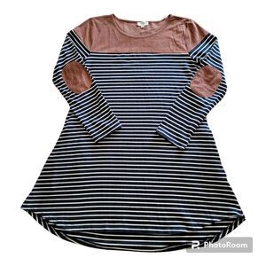 Umgee Women’s M Navy & White Striped Long Sleeve Tunic Dress Pockets Faux Suede